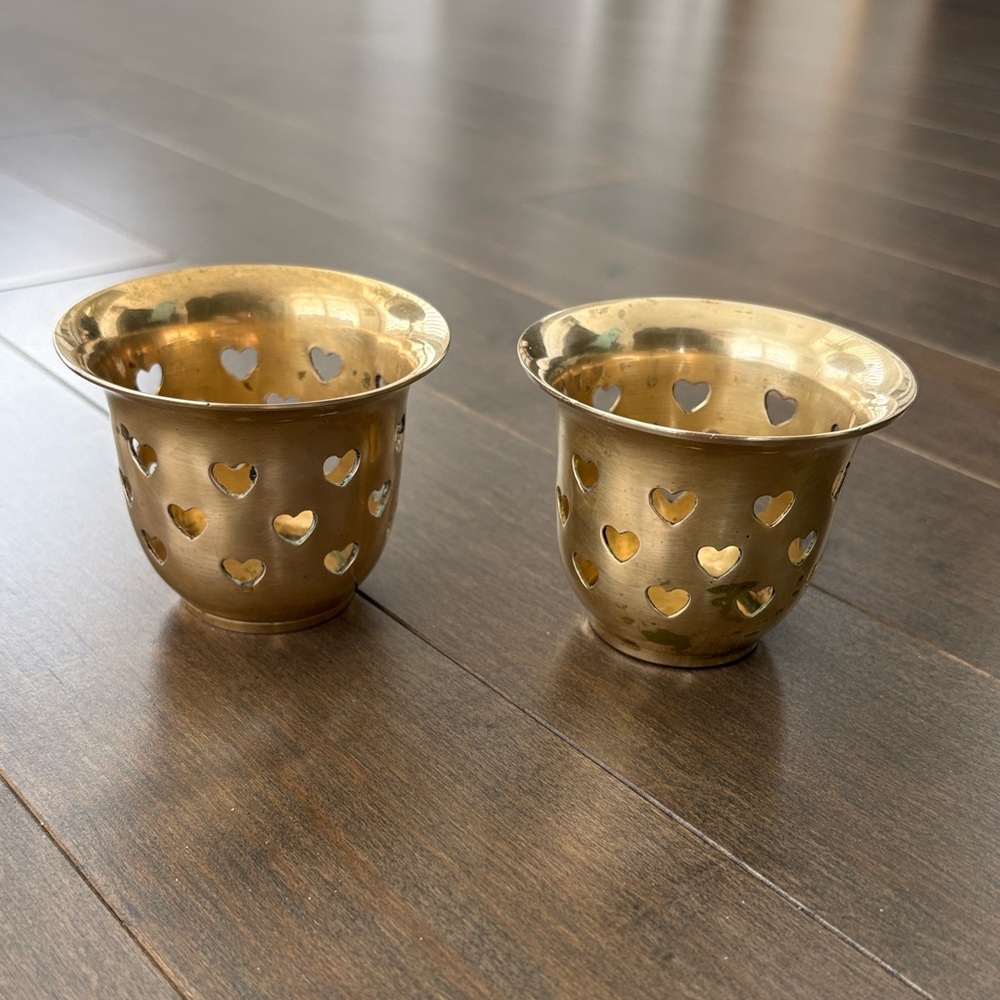 Vintage Brass Heart Cutout Votive Holders, Gold Home Decor Candle Accent Antique